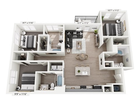 Floor plan for 3 beds, 3 baths, 1369 sqft